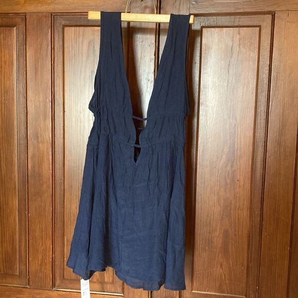 Cupshe New Navy Blue Plunge Tie Sleeeveless Mini Swim Beach Cover Up Dress M - Picture 2 of 6